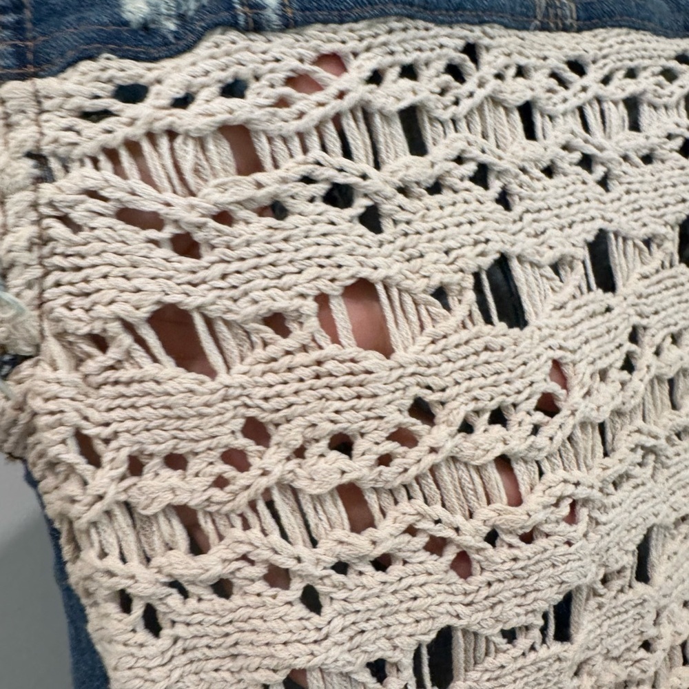 Free People Distressed Denim Crochet Vest size small - Picture 5 of 7